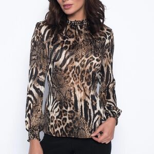 Frank Lyman Design Leopard Animal Print Blouse With Ruffle Sleeves And Collar